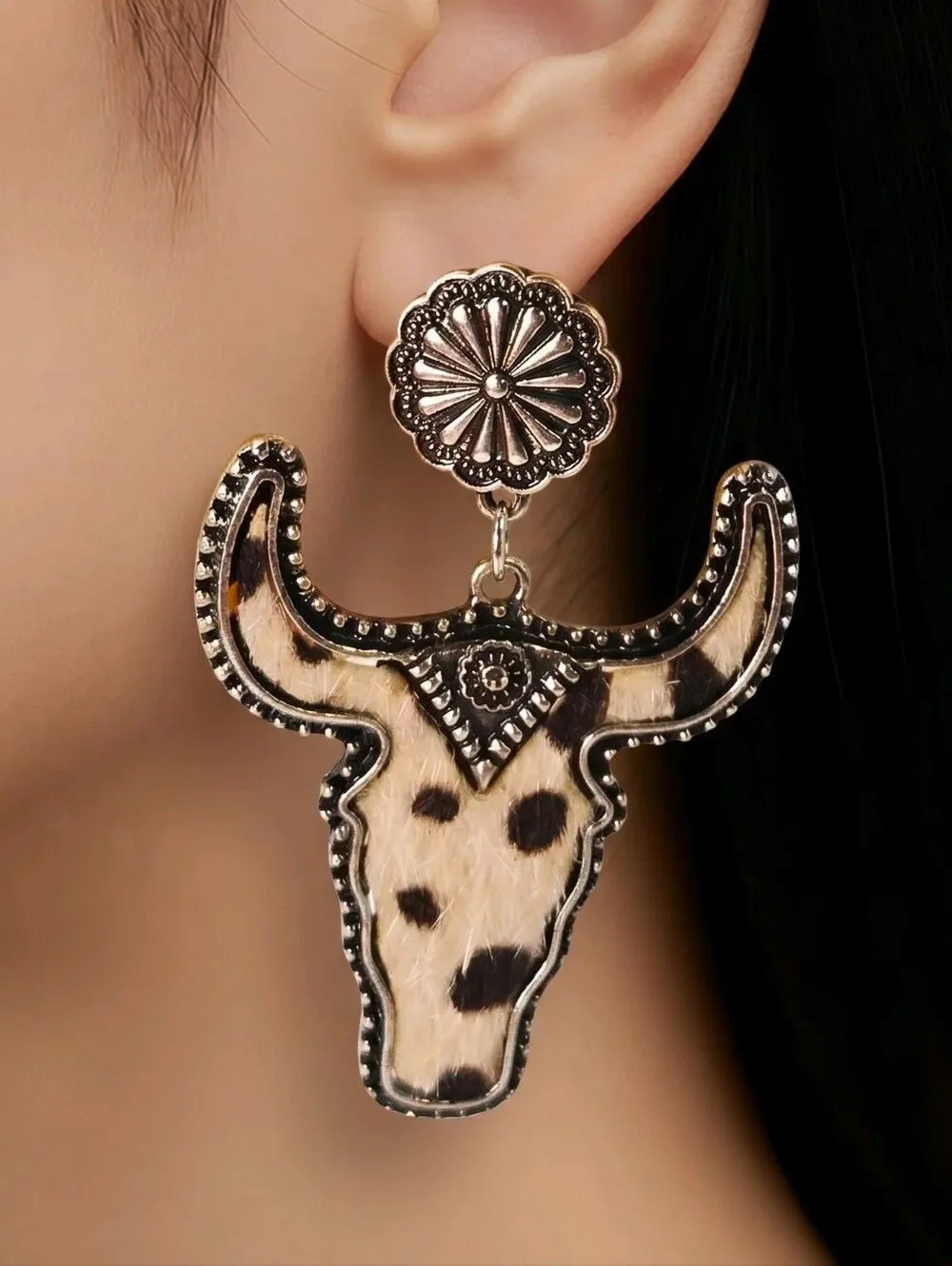 Cowhide Steer Head Earrings Silver Western Leopard Jewelry Coastal Cowgirl Glam